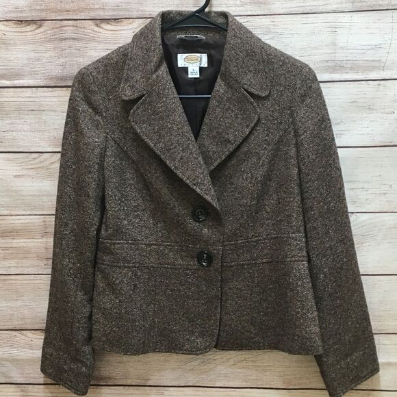 VINTAGE TALBOTS TWEED WOOL BLEND BLAZER IN BROWN - Picture 1 of 8